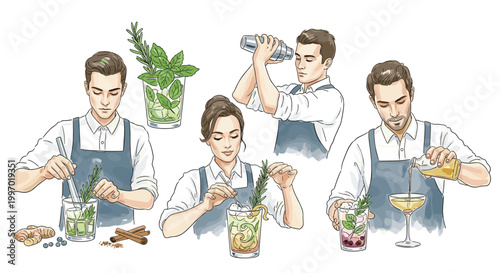 Bartenders preparing refreshing cocktails with fresh herbs and fruits