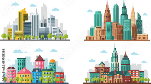 Modern Cityscape and Colorful Building Collection with Urban Skyscrapers, Residential Buildings, and City Architecture Vector Illustrations