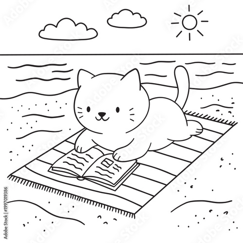 Cute cat lying on a striped towel and reading a book on a sunny beach with sea waves, coloring page.