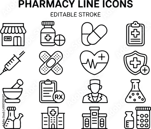 Pharmacy and medical line icon set with editable strokes featuring pill bottle syringe bandage heartbeat and laboratory equipment vectors 19 words