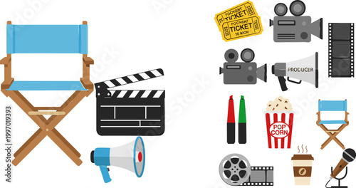 Movie Production Tools and Icons Set with Director Chair, Clapperboard, Camera, Megaphone, and Film Accessories