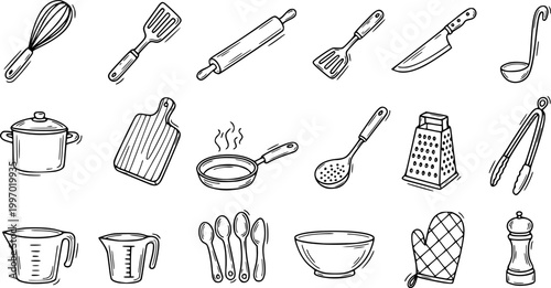 Kitchen utensils doodle icon set vector illustration
