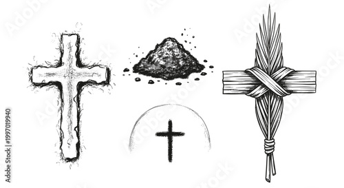 Collection of Christian symbols including crosses and ashes for religious observance