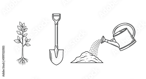 Gardening tools and plant seedling illustration, simple line art for growth and cultivation