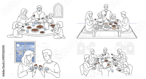 Diverse families and couples enjoy meals together, celebrating cultural traditions and togetherness