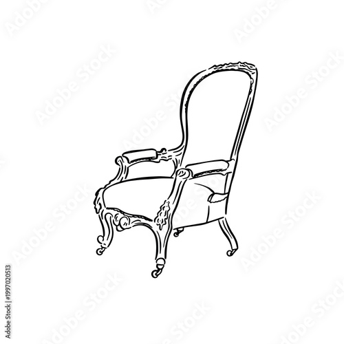 Victorian chair, hand drawn in black line. Side profile of furniture.