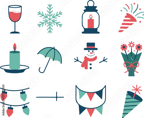 Winter holiday and celebration icon set featuring snowman snowflake candle lantern wine glass bunting and party popper vectors 18 words