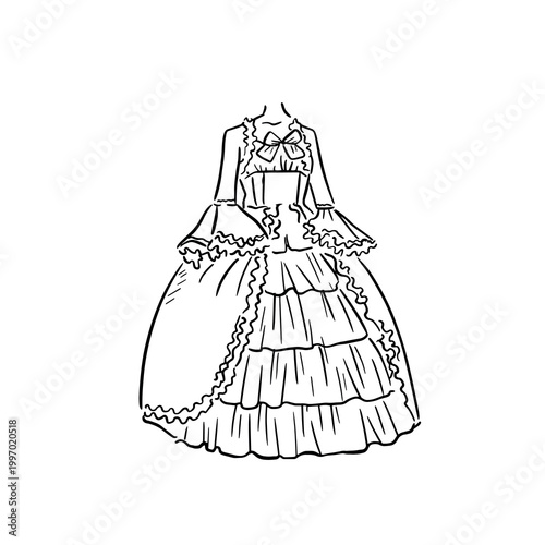 A classic Victorian dress, hand drawn in black line.