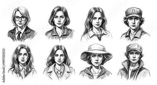 Collection of diverse sketched portraits of young adults in various styles