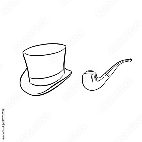 Two individual vectors; one of a top hat and another of a pipe, Victorian clothing for a male. 
