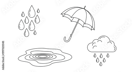 Simple line art icons depicting rain, an umbrella, and a puddle