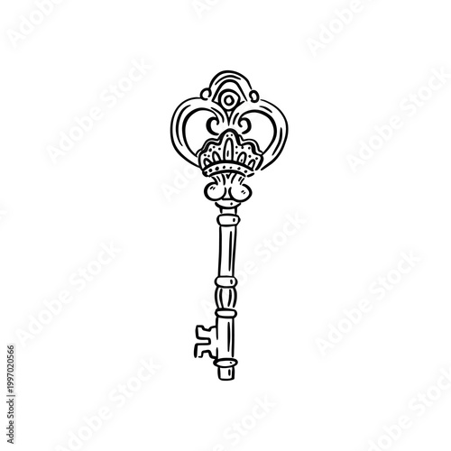 Photos A hand drawn ornate decorative key, drawn in black line.