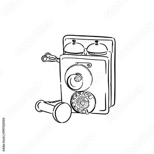 An old school telephone from the Victorian era, hand drawn in black line. 