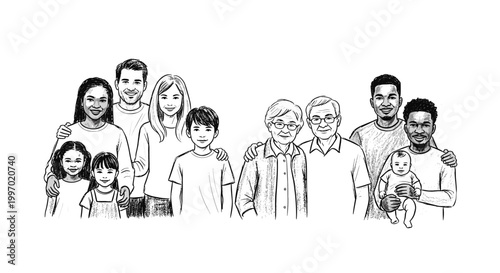 Diverse multi-generational family posing together in a black and white illustration