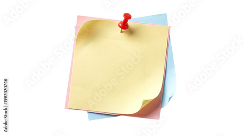 Photos Stack of blank pastel sticky notes attached with a red push pin on a transparent