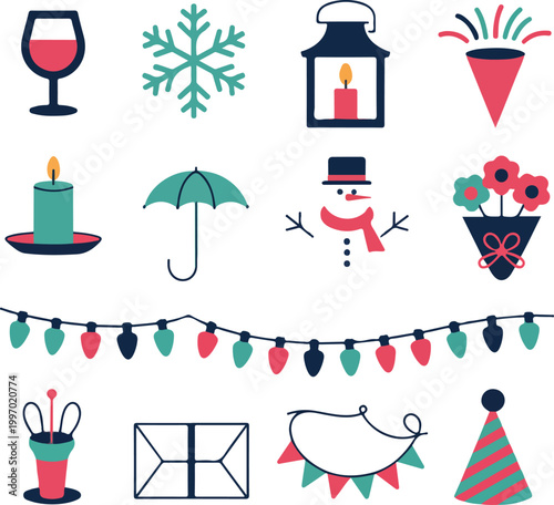 Winter holiday and celebration icon set featuring snowman snowflake candle lantern wine glass bunting and party popper vectors 18 words