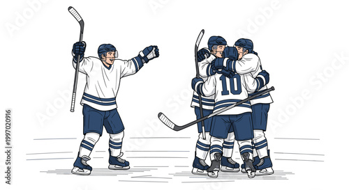 Ice hockey players celebrating a victory with a team hug on the rink