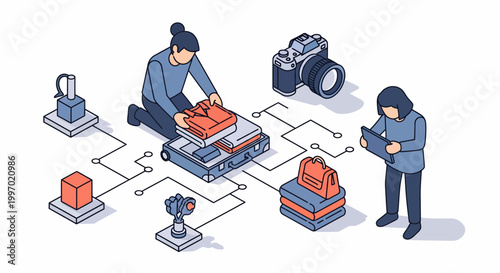 Man and woman pack a bag for trip with a camera and tablet and tool