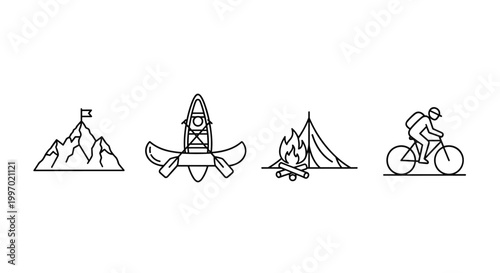 Collection of outdoor adventure icons: mountain, canoe, camping, and cycling