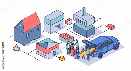 Family loading suitcases and surfboard into a car for a summer road trip vacation with kids