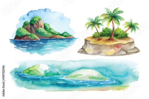 Hand-Painted Tropical Island Watercolor, Beach Landscape Clipart, Isolated Vector Illustration