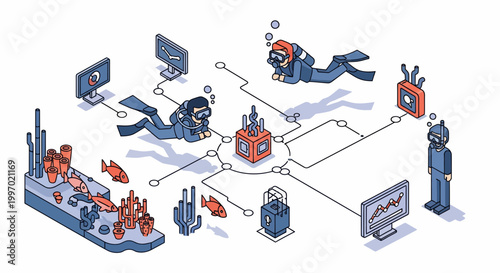 Sea divers in data net fish reef tech blue screen and web art tool kit