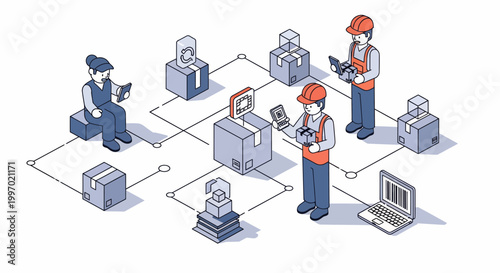 Staff scan boxes for stock data via smart digital tools and warehouse supply chain tracking