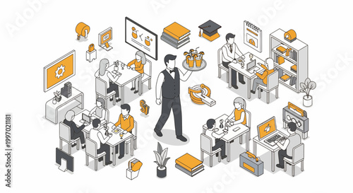 The man in vest with tray of soft drink in cafe with many guest now