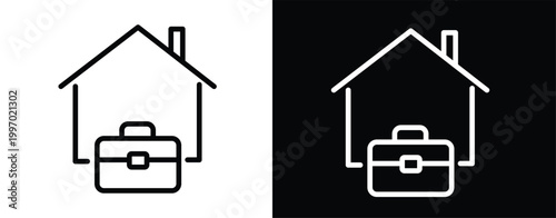 Remote work icon with house and office briefcase linear symbol.
