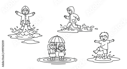 Children happily playing in puddles on a rainy day, jumping and splashing