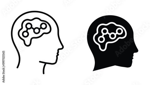 Human profile icon with neural network brain for artificial intelligence concept in outline and solid style.