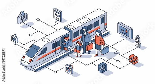A family with kids boarding fast train with smart icons for modern digital travel and public transit connectivity services
