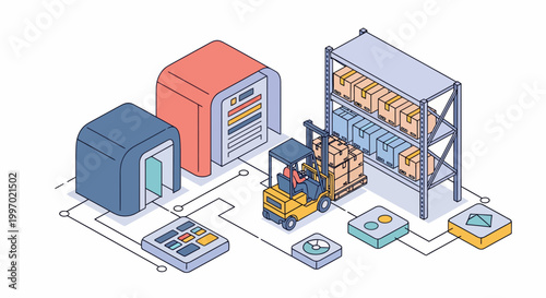 A forklift operator loads boxes on a rack in a smart warehouse with data for industrial supply chain management