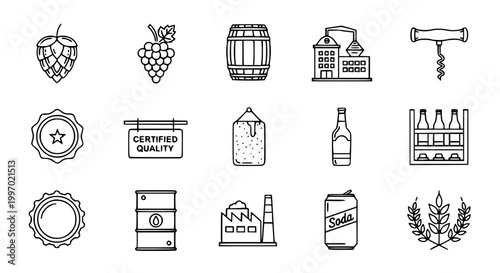 Beer brewing and beverage production line icon set with hop barrel bottle cap factory vector symbols