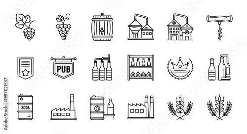 Brewery and beverage production outline icon set hop barrel bottle cap wheat vector symbols