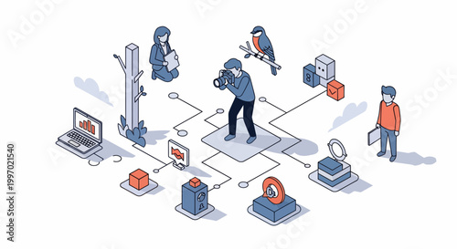 Isometric illustration of a photographer taking bird photos within a digital network for social media content creation and online sharing
