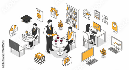 A bar wine and food icon set for staff work at a shop or cafe