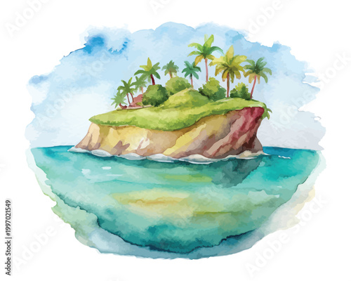 Watercolor Island Icon, Tropical Landscape Clipart, Isolated on White background