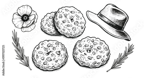 Hand-drawn sketch of oatmeal cookies, a poppy flower, rosemary sprigs, and a fedora hat