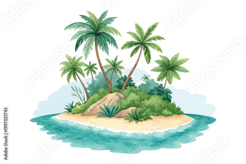 Hand-Painted Tropical Island Watercolor, Beach Landscape Clipart, Isolated Vector Illustration