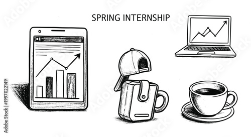 Spring internship essentials: laptop, phone, backpack, and coffee