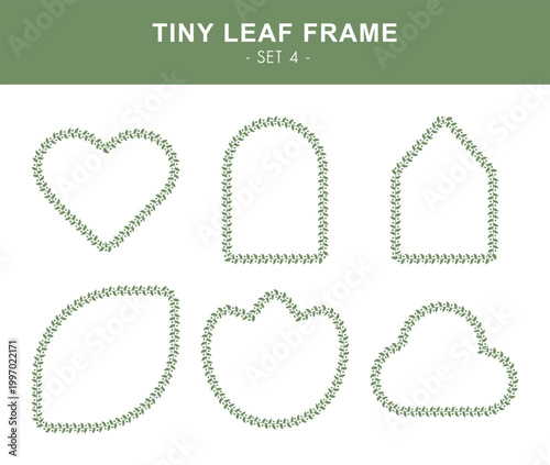 Tiny leaf frame set. Heart, window, home, leaf, tulip and cloud borders in ditsy leaf style.