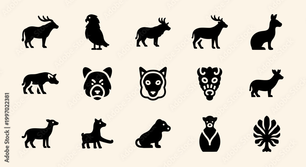 Obraz premium Black silhouettes of various wild animals.