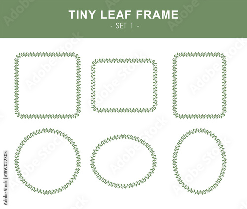 Tiny leaf frame set. Square, horizontal rectangle, vertical rectangle, circle, horizontal oval and vertical oval borders in ditsy leaf style.