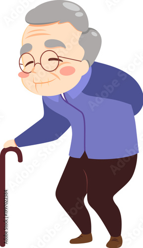 Cute grandfather walking with crutch in winter