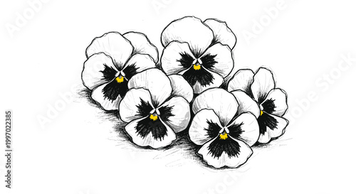 Delicate sketch of white pansies with dark centers and yellow accents