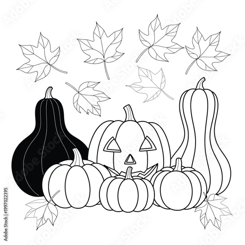 Halloween Pumpkins and Autumn Leaves Outline Illustration