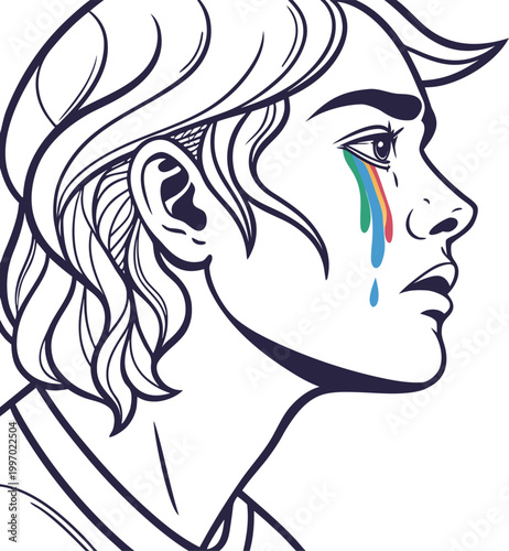LGBTQ+ Pride, Rainbow Tear, Emotional Portrait, Vector Illustration, Gay Rights Symbol
