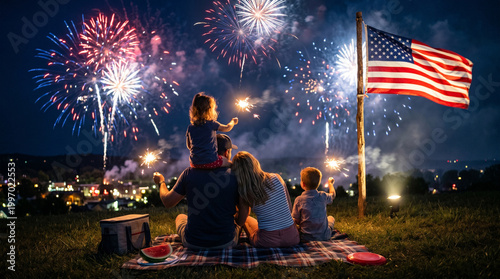 Family watching fireworks celebration with American flag on fourth of July.
