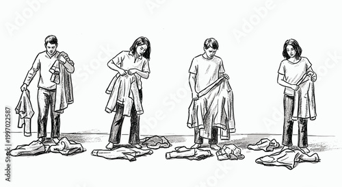 People in different stages of dressing and undressing with clothes on the floor